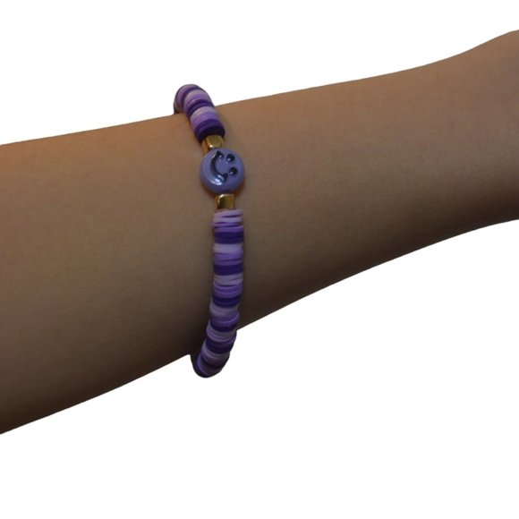 Preppy Aesthetic Purple Smiley Face Elastic Clay bead Bracelet - Picture 2 of 4